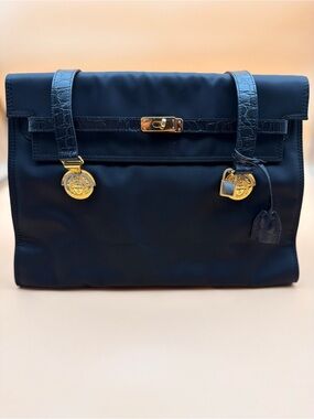 Gianni Versace Couture Vintage Black Nylon Croc Medusa Kelly Bag Lock & Key